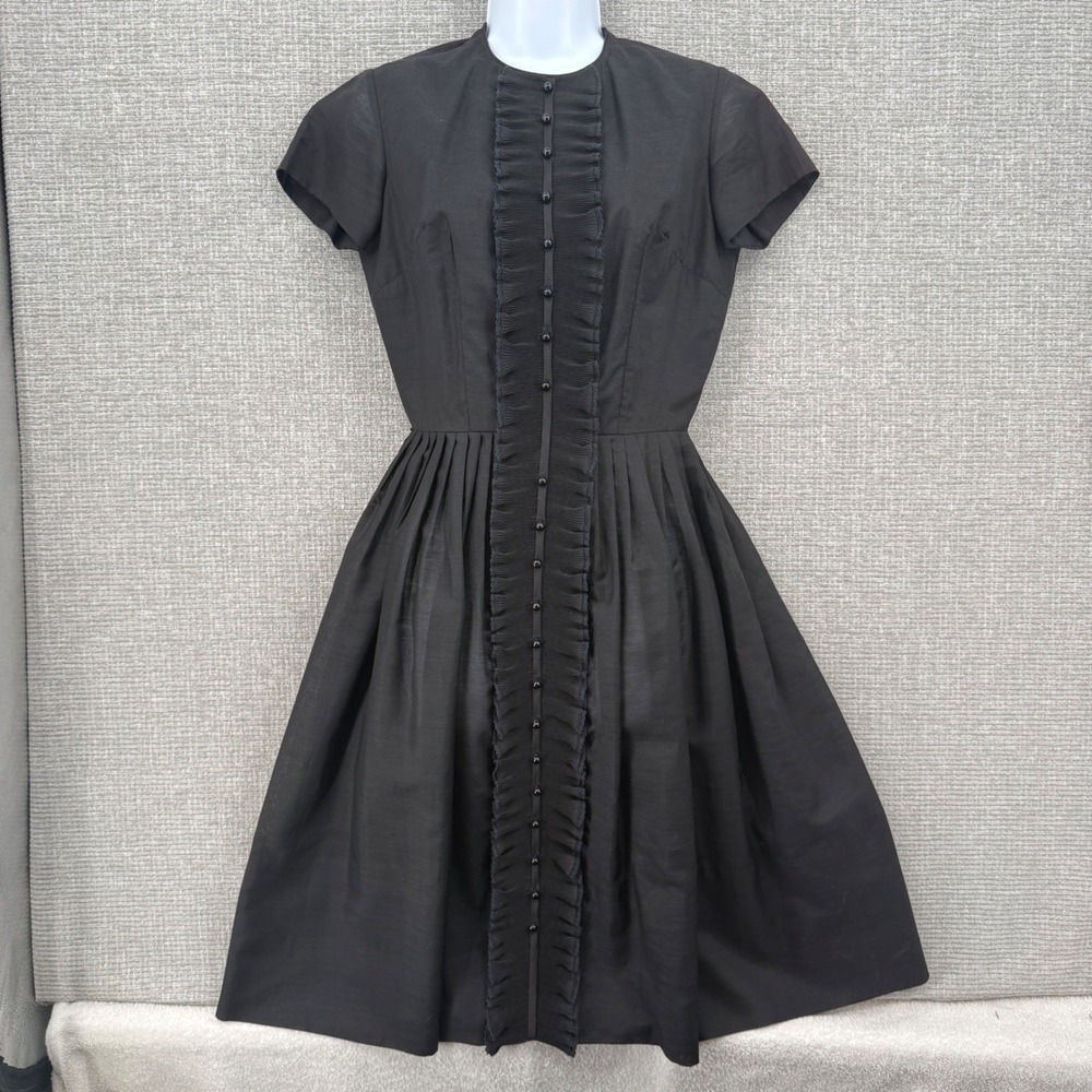 Vtg L'Aiglon Dress Womens Sz S Black Pleated Ruffle Front Fit Flare MCM Retro